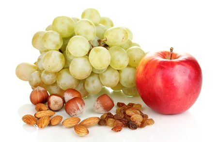 Green grape with nuts isolated on whiteの写真素材