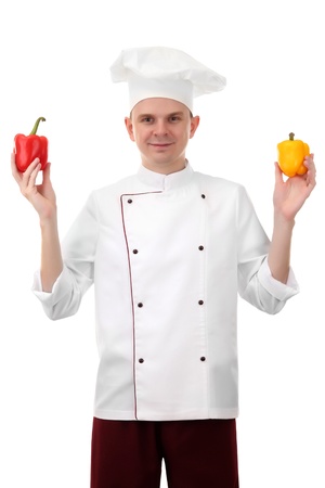 portrait of chef with pepper isolated on whiteの写真素材