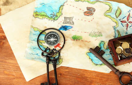 map of treasures on wooden backgroundの写真素材