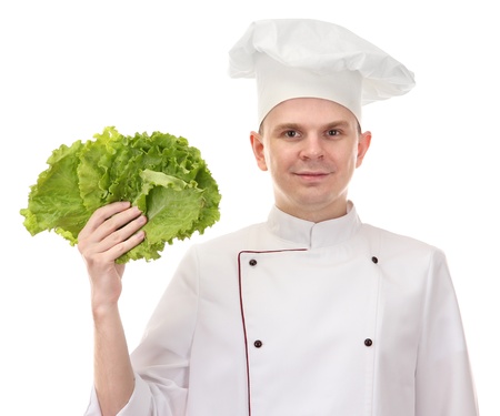 portrait of chef with lettuce isolated on whiteの写真素材