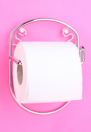 Roll of toilet paper on  holder fixed to wallの写真素材
