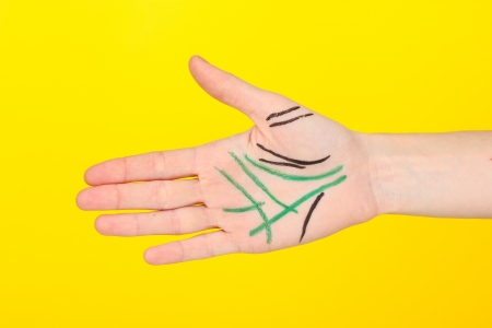Chiromancy.Color contours on palm, on color backgroundの写真素材