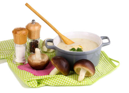 Mashed potatoes in saucepan with ingredients isolated on whiteの写真素材