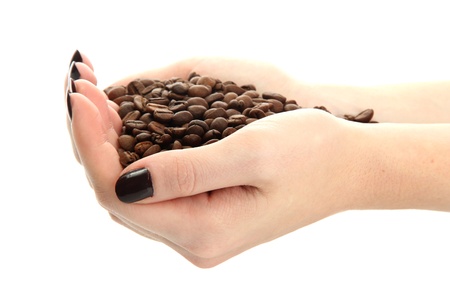 female hands with coffee beans, isolated on whiteの写真素材
