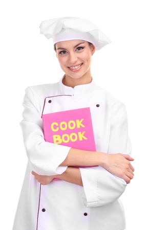 Portrait of young woman chef isolated on whiteの写真素材
