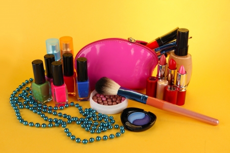 cosmetics on yellow backgroundの写真素材
