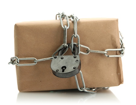parcel with chain and padlock, isolated on whiteの写真素材