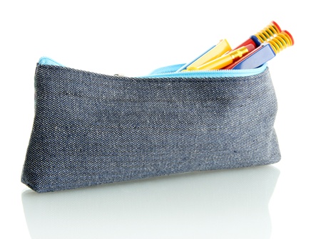 pencil box with school equipment isolated on white