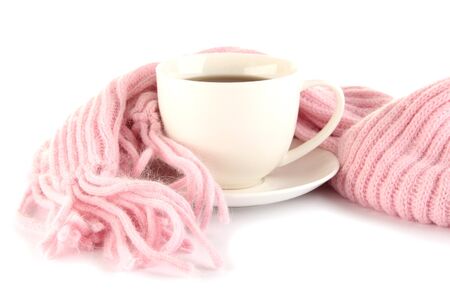 cup of tea with scarf isolated on whiteの写真素材