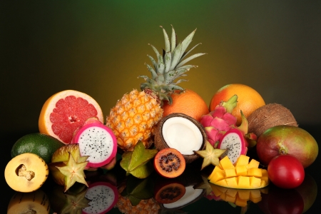 Composition of exotic fruits on colorful backgroundの写真素材