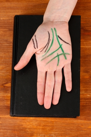 Chiromancy.Color contours on palm, on wooden backgroundの写真素材