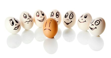Eggs with funny faces isolated on whiteの写真素材