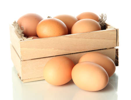 Many eggs in box isolated on whiteの写真素材