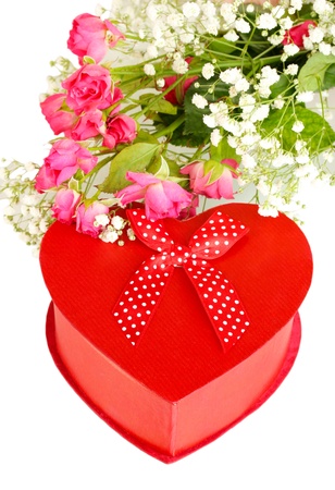 Giftbox and flowers isolated on whiteの写真素材