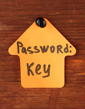Sticker-reminder with most popular password, on wooden backgroundの写真素材