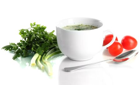 Fragrant soup in cup isolated on whiteの写真素材