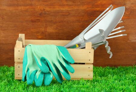 Garden tools on grass in yardの写真素材