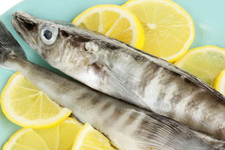 Fresh fish with lemon on plate close-upの写真素材