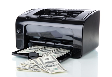 Printer printing fake dollar bills isolated on white