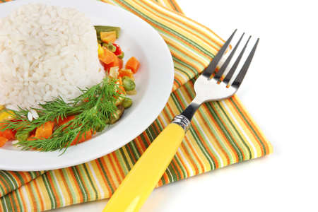 Delicious risotto with vegetables isolated on whiteの写真素材