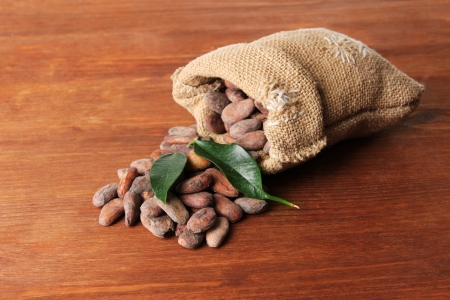 Cocoa beans in bag with leaves on wooden backgroundの写真素材