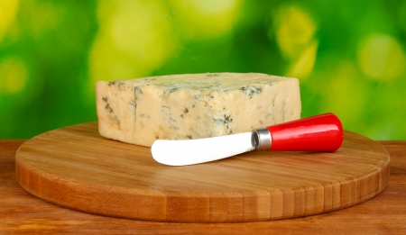 Cheese with mold and knife on the cutting board on bright green backgroundの写真素材
