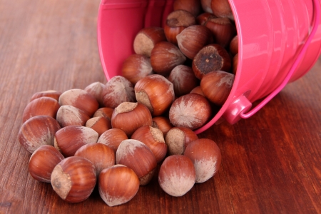 Overturned bucket with hazelnuts on wooden backgroundの写真素材