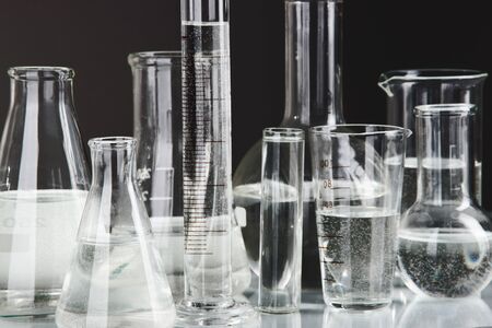Test tubes on gray backgroundの写真素材
