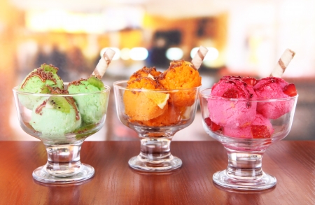 Delicious ice cream on table in cafeの写真素材