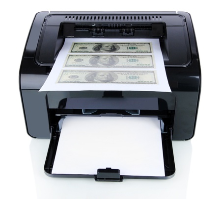Printer printing fake dollar bills isolated on white
