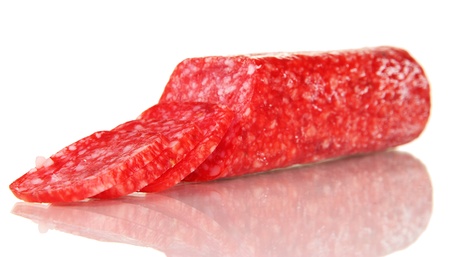 Tasty salami isolated on whiteの写真素材