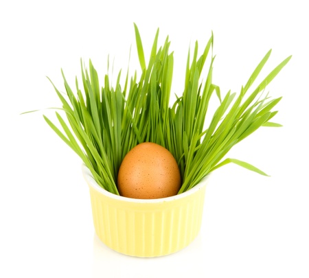 Easter egg in bowl with grass on table isolated on whiteの写真素材