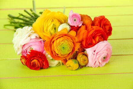Ranunculus (persian buttercups), ongreen wooden backgroundの写真素材