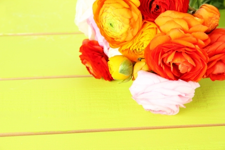 Ranunculus (persian buttercups), ongreen wooden backgroundの写真素材