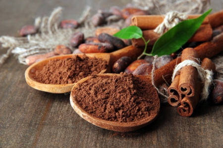 Cocoa powder in spoons and cocoa beans on wooden backgroundの写真素材