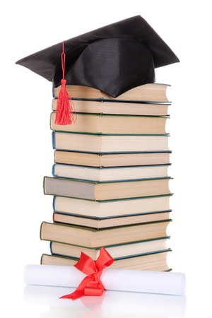 Grad hat with diploma and books isolated on whiteの写真素材