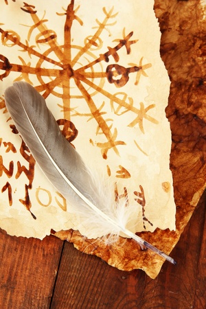 Old papers with symbols on wooden backgroundの写真素材