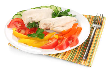 Boiled chicken breast on plate with vegetables close upの写真素材