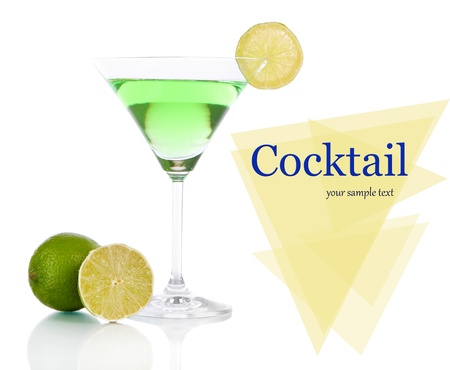 Green cocktail with lime isolated on whiteの写真素材