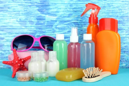 Hotel cosmetics kit on bright color backgroundの写真素材