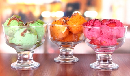 Delicious ice cream on table in cafeの写真素材