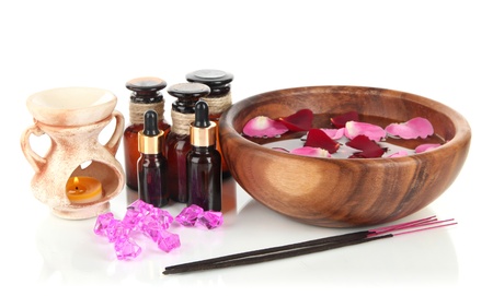 Spa composition with aroma oils isolated on whiteの写真素材