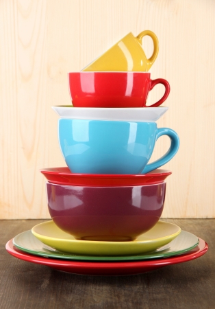 Mountain colorful dishes on wooden backgroundの写真素材
