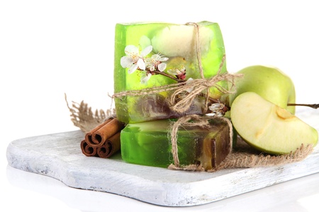 Hand made soap and ingredients for soap making, isolated on whiteの写真素材