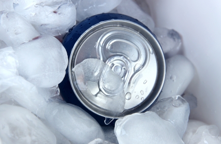 Metal tin with ice close-upの写真素材