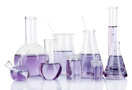 Test-tubes with light purple liquid isolated on whiteの写真素材