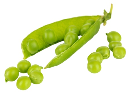 Sweet green peas isolated on whiteの写真素材