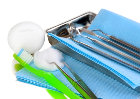 Dentist tools on grey table close-upの写真素材
