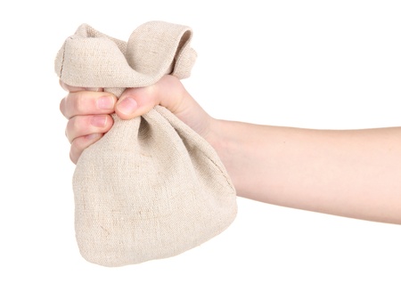 Small sack in hand, isolated on whiteの写真素材