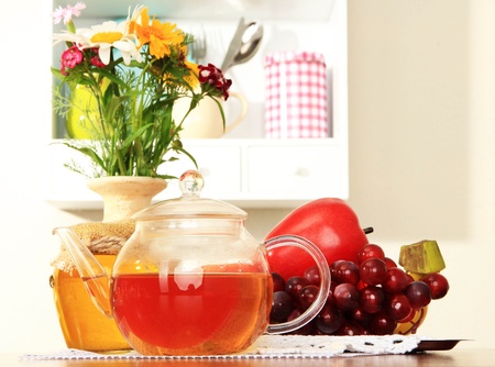Kitchen composition on table on shelf backgroundの写真素材